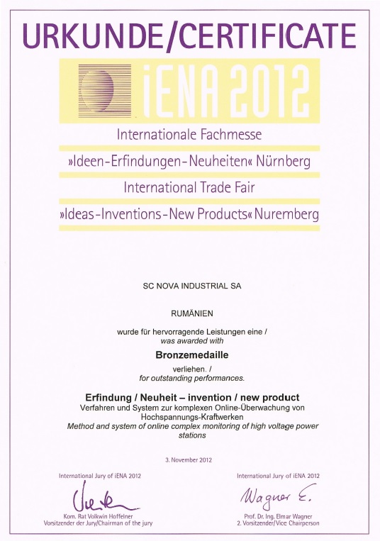 Medalie pentru performante deosebite - “Salonul International de Idei - Inventii / Noi Produse / iENA 2012”, Nuremberg, Germania